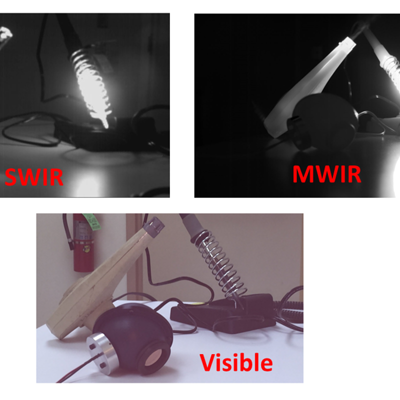 SWIR cameras also ‘sees’ reflected ambient light as well as the object’s thermally emitted light, enabling one to more easily differentiate objects.  In this case one can see the electrical cords from the soldering iron and to also see the 1.3-μm light in the integrating sphere on the left of the image.